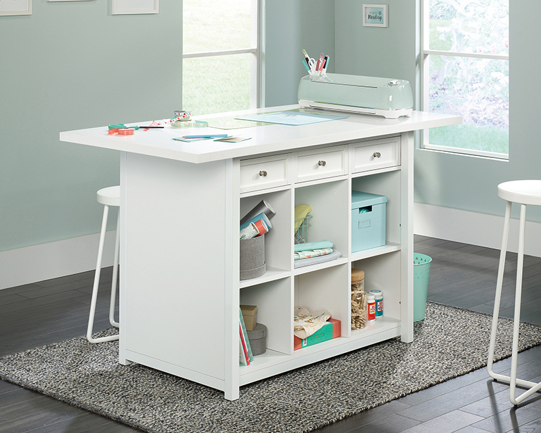 Sauder Craft Pro Work Table with Storage in White and Mystic Oak